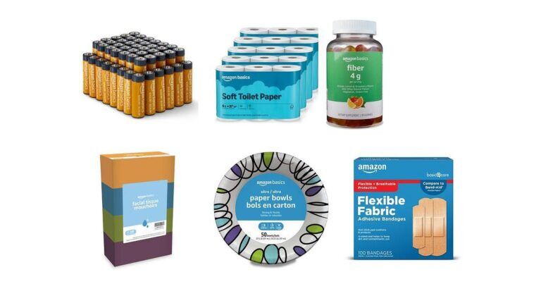 Amazon branded products on a white background: batteries, vitamins, toilet tissue, paper plates, bandages, and tissues
