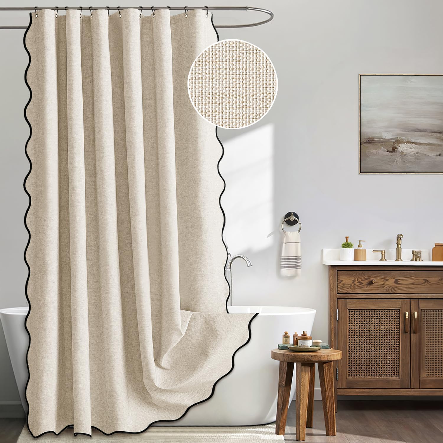 Scalloped Faux Linen Shower Curtain with 12 Metal Hooks - 6 colors from