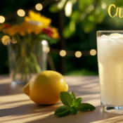 clear glass of creamy lemonade with lemon slice garnish on a wooden tabletop