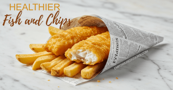 air fried fish and chips wrapped in newspaper on a white marble background