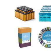 Amazon branded products on a white background: batteries, vitamins, toilet tissue, paper plates, bandages, and tissues